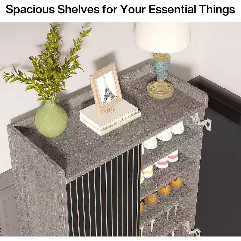 5-Tier Shoe Rack Organizer Cabinet with Doors, Holds 25 Pairs, Metal Frame, Wood Shelves