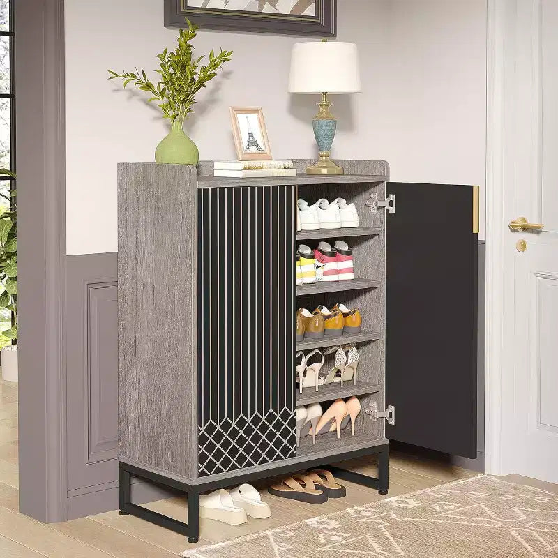 5-Tier Shoe Rack Organizer Cabinet with Doors, Holds 25 Pairs, Metal Frame, Wood Shelves