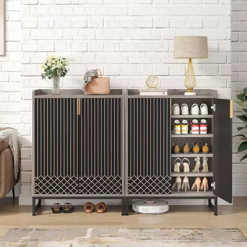 5-Tier Shoe Rack Organizer Cabinet with Doors, Holds 25 Pairs, Metal Frame, Wood Shelves