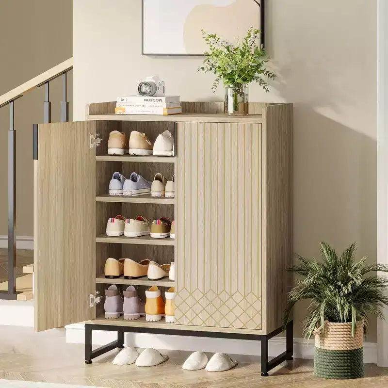 5-Tier Shoe Rack Organizer Cabinet with Doors, Holds 25 Pairs, Metal Frame, Wood Shelves