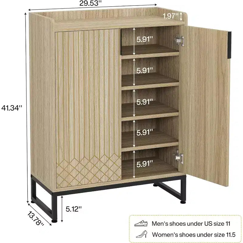 5-Tier Shoe Rack Organizer Cabinet with Doors, Holds 25 Pairs, Metal Frame, Wood Shelves