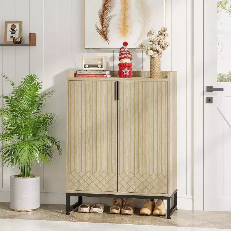 5-Tier Shoe Rack Organizer Cabinet with Doors, Holds 25 Pairs, Metal Frame, Wood Shelves