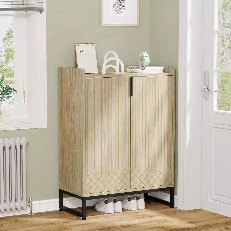 5-Tier Shoe Rack Organizer Cabinet with Doors, Holds 25 Pairs, Metal Frame, Wood Shelves