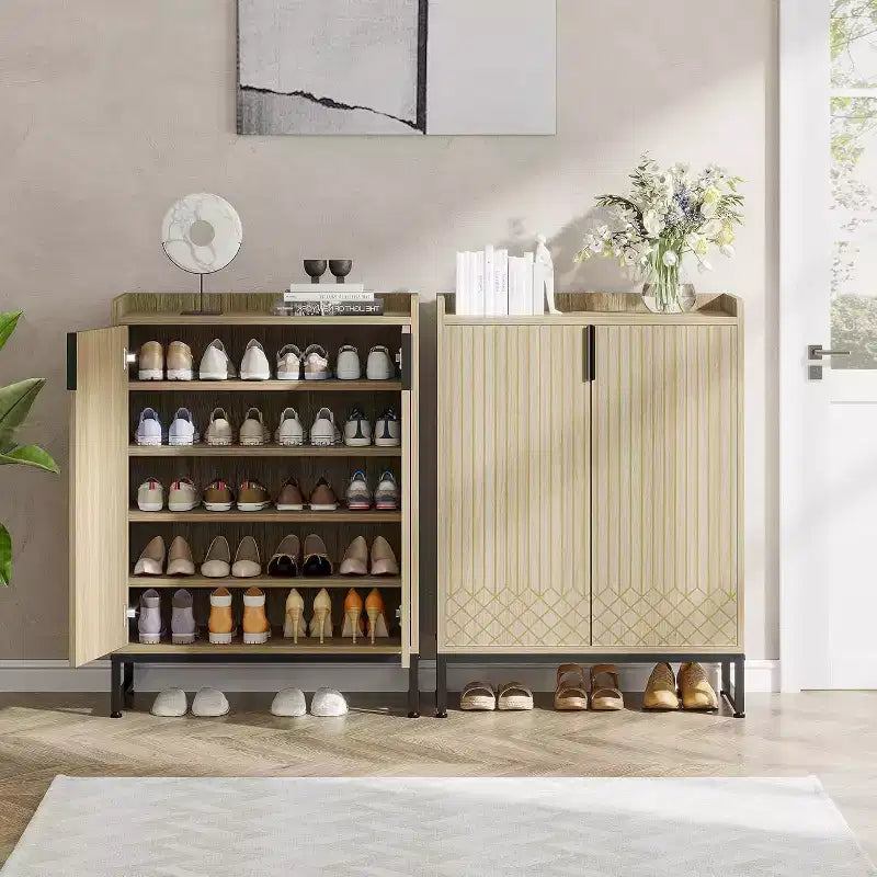 5-Tier Shoe Rack Organizer Cabinet with Doors, Holds 25 Pairs, Metal Frame, Wood Shelves