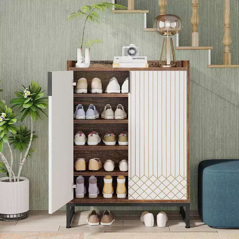 5-Tier Shoe Rack Organizer Cabinet with Doors, Holds 25 Pairs, Metal Frame, Wood Shelves