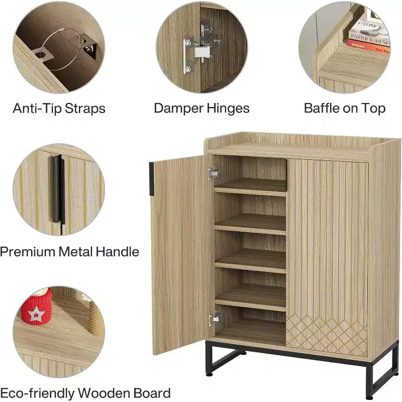 5-Tier Shoe Rack Organizer Cabinet with Doors, Holds 25 Pairs, Metal Frame, Wood Shelves