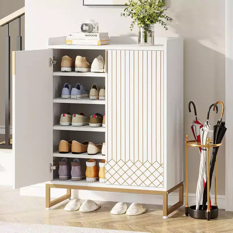 5-Tier Shoe Rack Organizer Cabinet with Doors, Holds 25 Pairs, Metal Frame, Wood Shelves