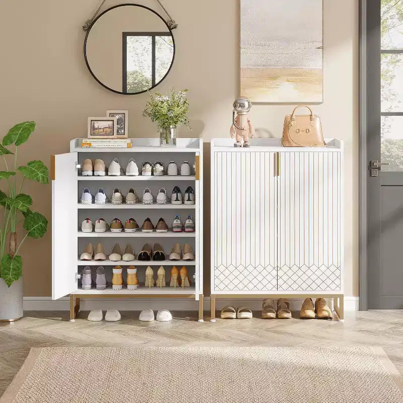 5-Tier Shoe Rack Organizer Cabinet with Doors, Holds 25 Pairs, Metal Frame, Wood Shelves