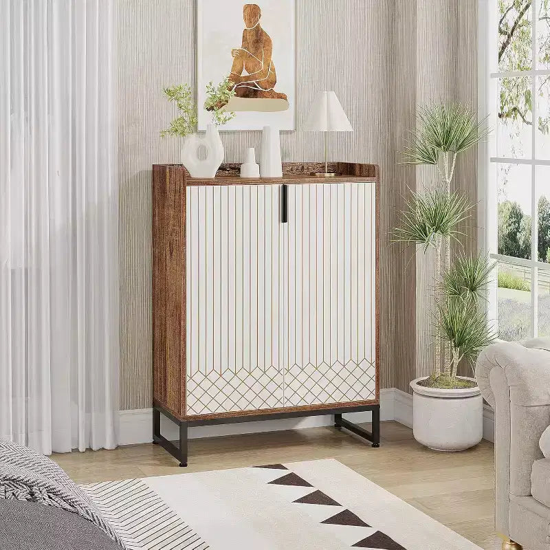 5-Tier Shoe Rack Organizer Cabinet with Doors, Holds 25 Pairs, Metal Frame, Wood Shelves