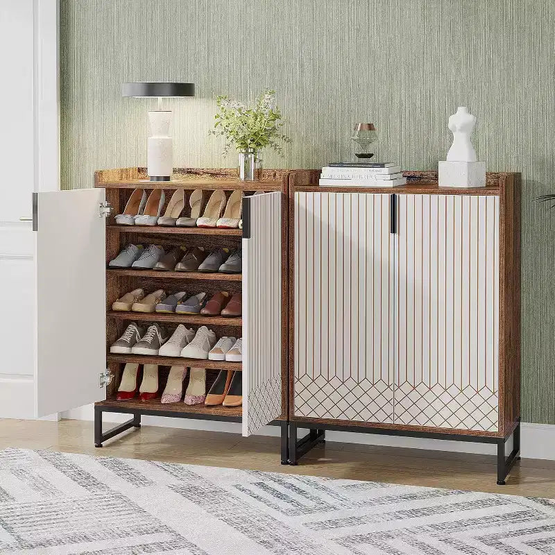 5-Tier Shoe Rack Organizer Cabinet with Doors, Holds 25 Pairs, Metal Frame, Wood Shelves