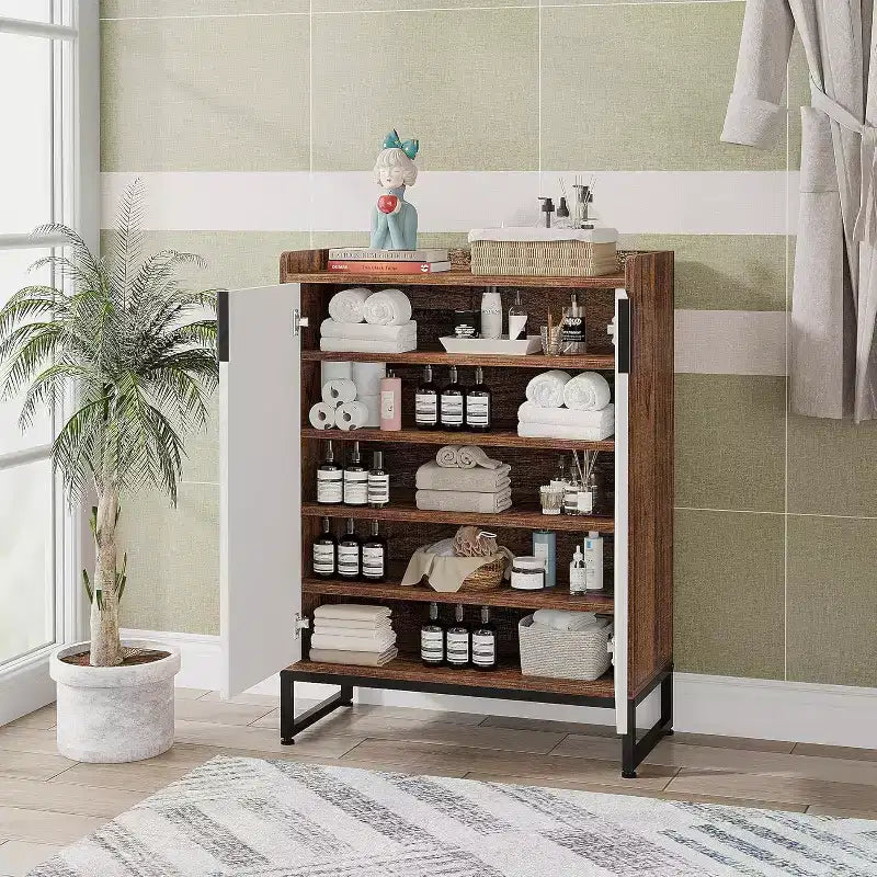 5-Tier Shoe Rack Organizer Cabinet with Doors, Holds 25 Pairs, Metal Frame, Wood Shelves