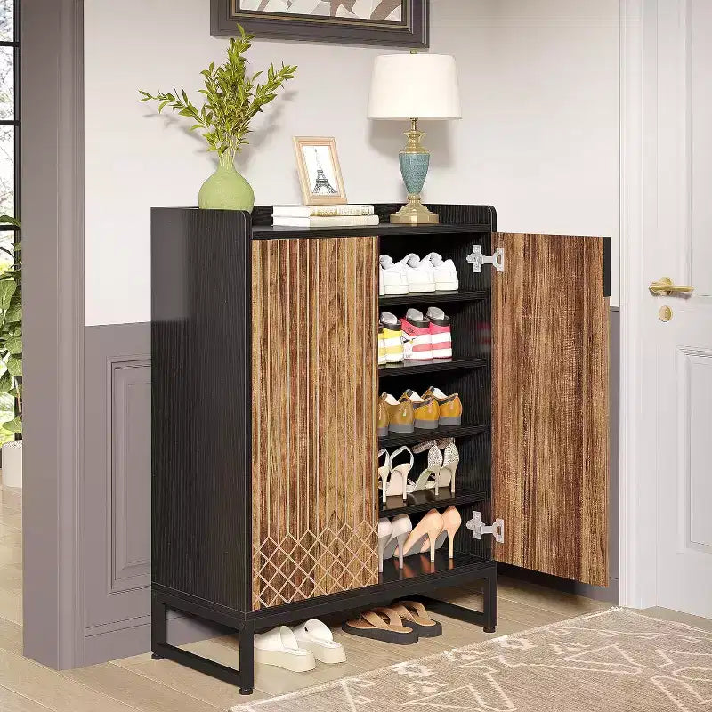 5-Tier Shoe Rack Organizer Cabinet with Doors, Holds 25 Pairs, Metal Frame, Wood Shelves