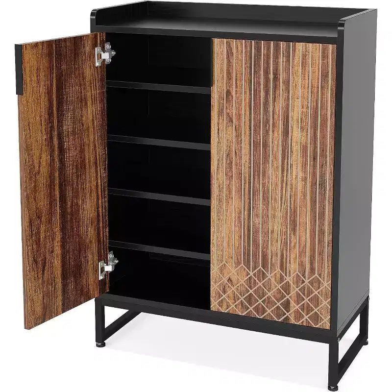 5-Tier Shoe Rack Organizer Cabinet with Doors, Holds 25 Pairs, Metal Frame, Wood Shelves