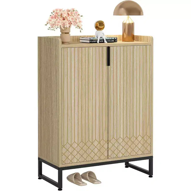 5-Tier Shoe Rack Organizer Cabinet with Doors, Holds 25 Pairs, Metal Frame, Wood Shelves