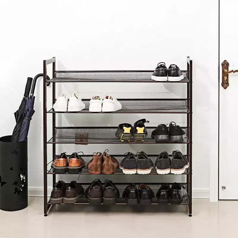 5-Tier Stackable Metal Shoe Rack, Flat or Angled Shelves, Holds 20–25 Pairs, Bronze, Anti-Tip Kit
