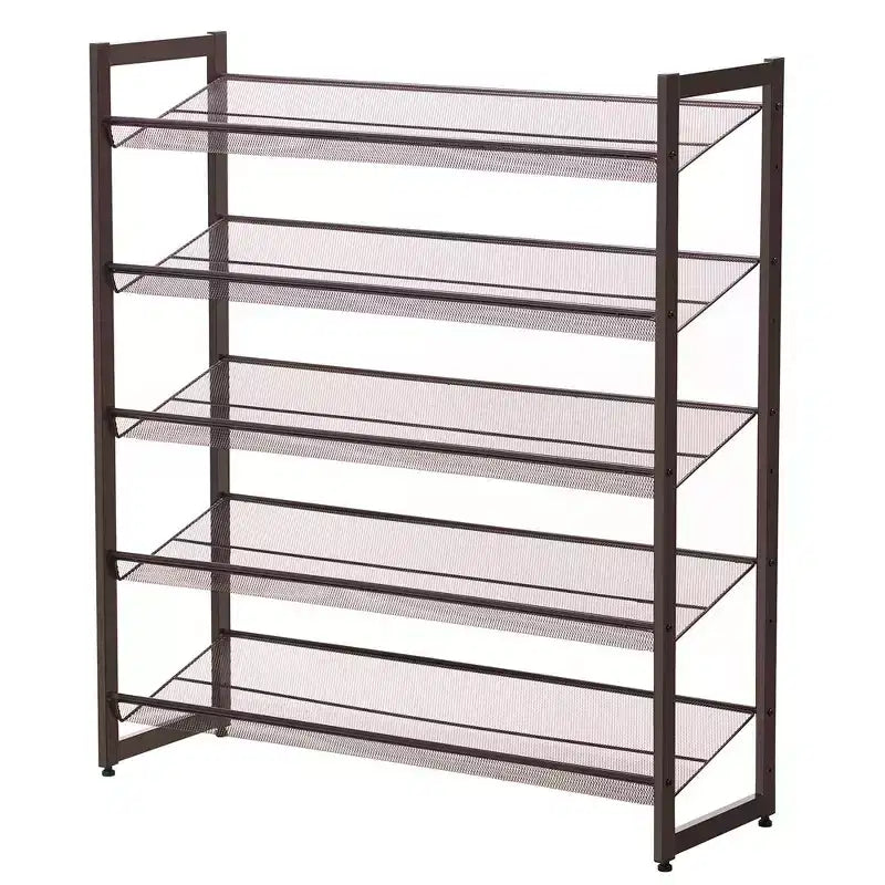 5-Tier Stackable Metal Shoe Rack, Flat or Angled Shelves, Holds 20–25 Pairs, Bronze, Anti-Tip Kit