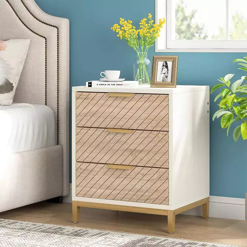 Wooden 3-Drawer Nightstand, White, Metal Frame, Adjustable Feet, Fits Bedrooms & Entryways