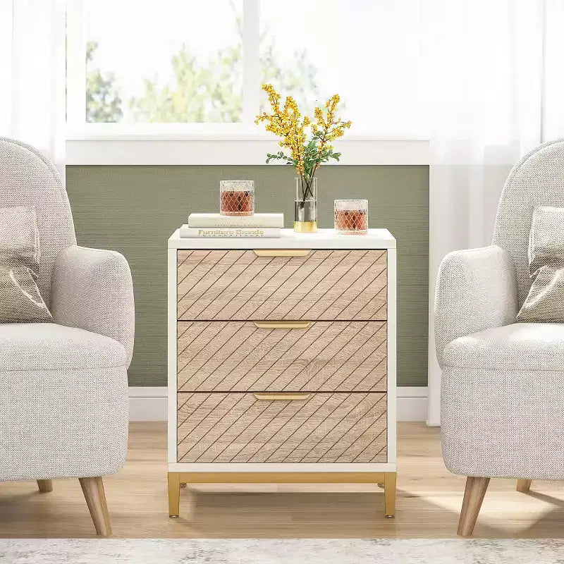 Wooden 3-Drawer Nightstand, White, Metal Frame, Adjustable Feet, Fits Bedrooms & Entryways