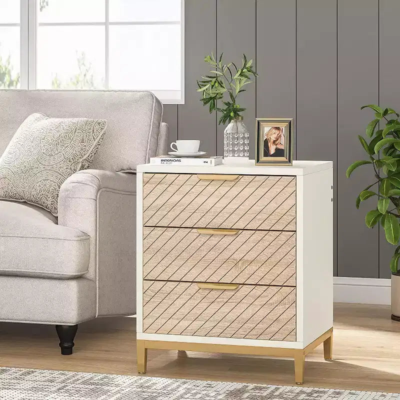 Wooden 3-Drawer Nightstand, White, Metal Frame, Adjustable Feet, Fits Bedrooms & Entryways