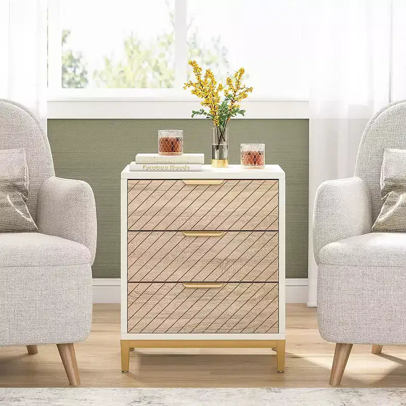 Wooden 3-Drawer Nightstand, White, Metal Frame, Adjustable Feet, Fits Bedrooms & Entryways