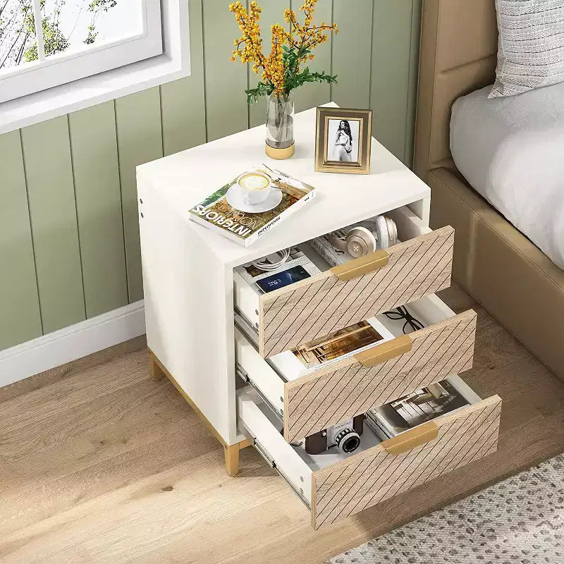 Wooden 3-Drawer Nightstand, White, Metal Frame, Adjustable Feet, Fits Bedrooms & Entryways