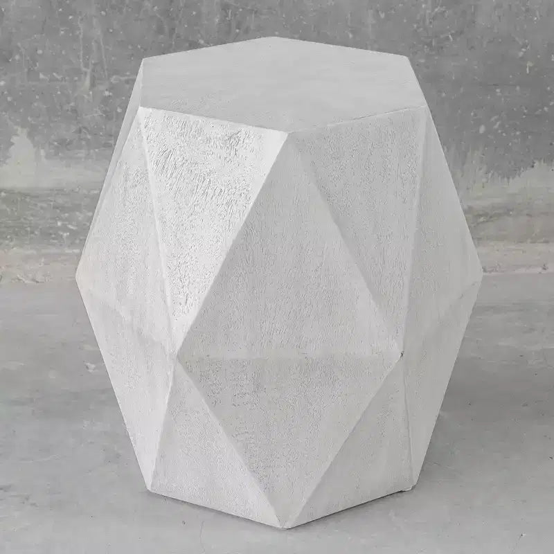 18" Geometric Wood Accent Table, White Ceruse Finish, Mango Veneer, Sunburst Top, No Assembly