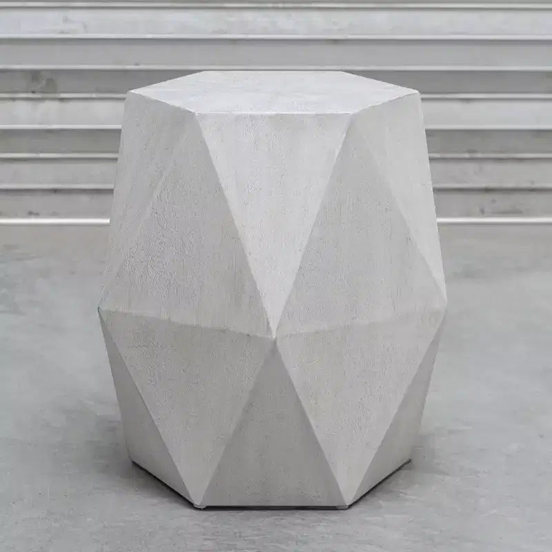 18" Geometric Wood Accent Table, White Ceruse Finish, Mango Veneer, Sunburst Top, No Assembly