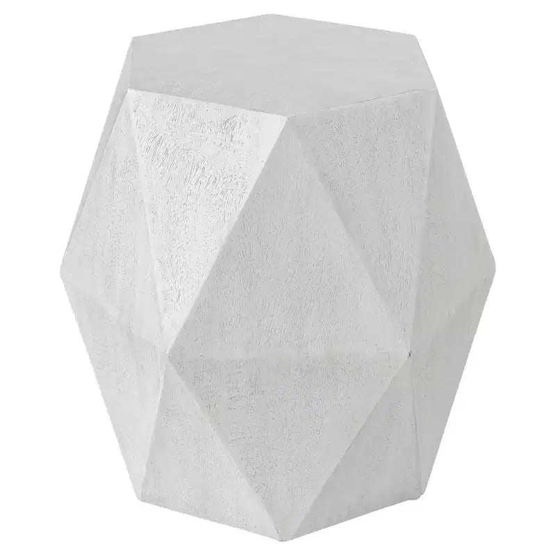 18" Geometric Wood Accent Table, White Ceruse Finish, Mango Veneer, Sunburst Top, No Assembly