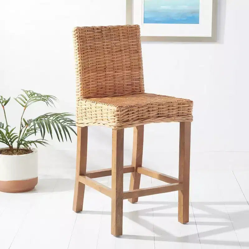 Rattan Counter Stool, Mango Wood Frame, Mid Back, Footrest, Fixed 23.6" Seat Height, 225 lb Capacity