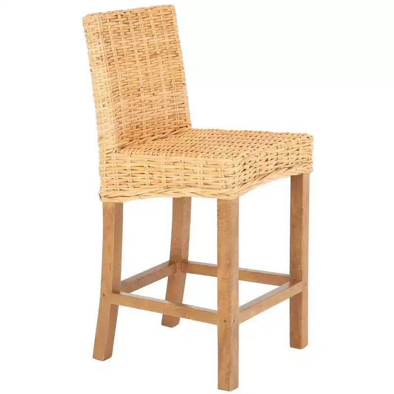 Rattan Counter Stool, Mango Wood Frame, Mid Back, Footrest, Fixed 23.6" Seat Height, 225 lb Capacity