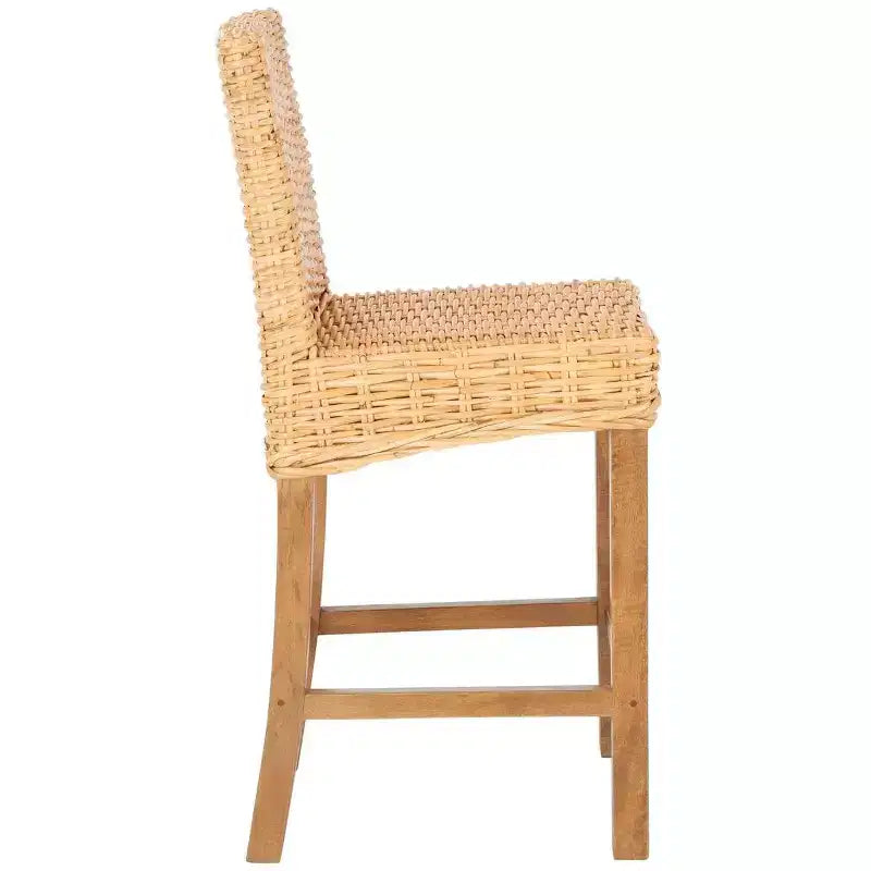 Rattan Counter Stool, Mango Wood Frame, Mid Back, Footrest, Fixed 23.6" Seat Height, 225 lb Capacity
