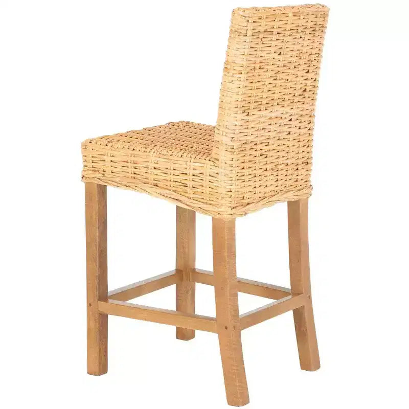 Rattan Counter Stool, Mango Wood Frame, Mid Back, Footrest, Fixed 23.6" Seat Height, 225 lb Capacity