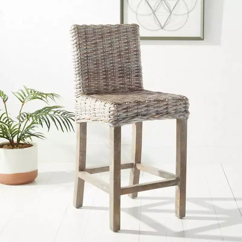 Rattan Counter Stool, Mango Wood Frame, Mid Back, Footrest, Fixed 23.6" Seat Height, 225 lb Capacity