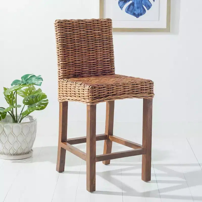Rattan Counter Stool, Mango Wood Frame, Mid Back, Footrest, Fixed 23.6" Seat Height, 225 lb Capacity