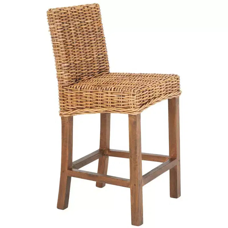 Rattan Counter Stool, Mango Wood Frame, Mid Back, Footrest, Fixed 23.6" Seat Height, 225 lb Capacity