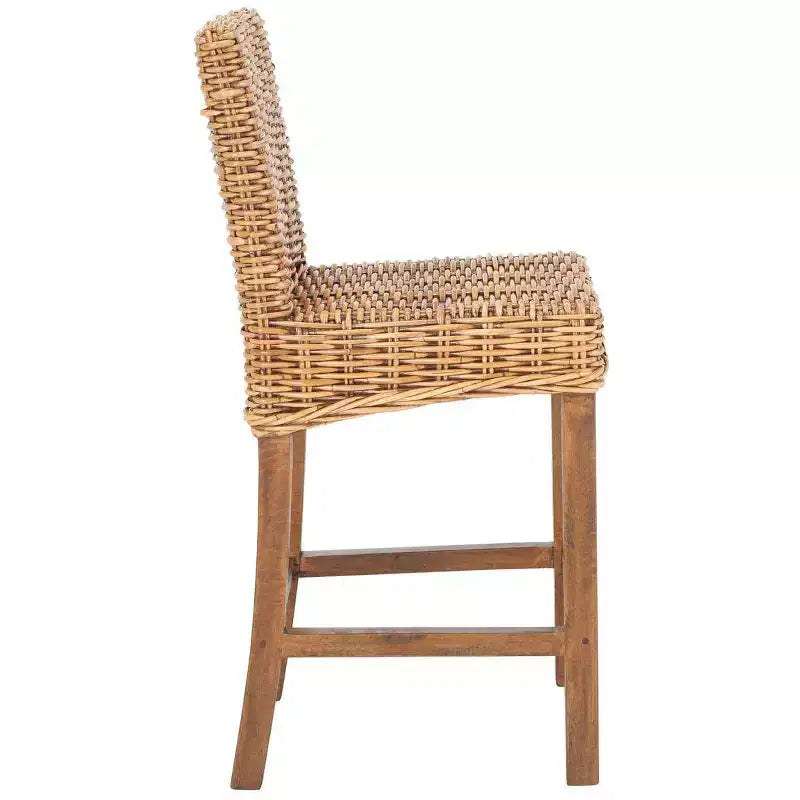 Rattan Counter Stool, Mango Wood Frame, Mid Back, Footrest, Fixed 23.6" Seat Height, 225 lb Capacity