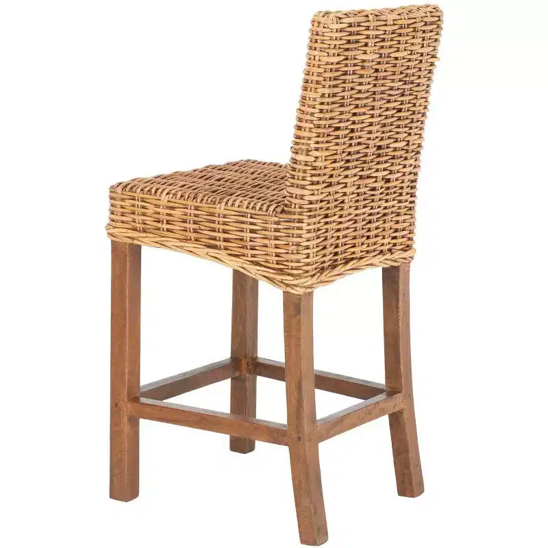 Rattan Counter Stool, Mango Wood Frame, Mid Back, Footrest, Fixed 23.6" Seat Height, 225 lb Capacity