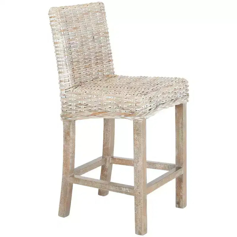 Rattan Counter Stool, Mango Wood Frame, Mid Back, Footrest, Fixed 23.6" Seat Height, 225 lb Capacity