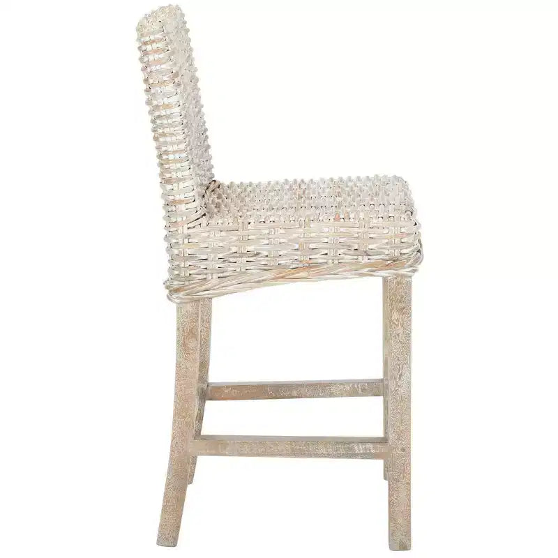 Rattan Counter Stool, Mango Wood Frame, Mid Back, Footrest, Fixed 23.6" Seat Height, 225 lb Capacity