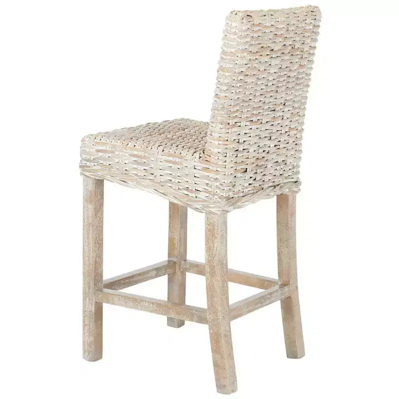 Rattan Counter Stool, Mango Wood Frame, Mid Back, Footrest, Fixed 23.6" Seat Height, 225 lb Capacity
