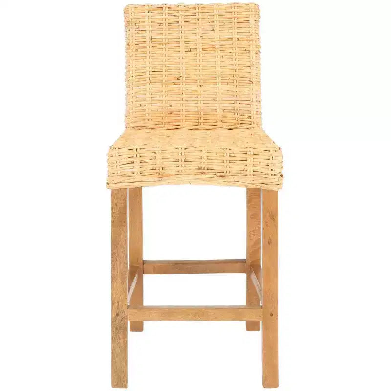 Rattan Counter Stool, Mango Wood Frame, Mid Back, Footrest, Fixed 23.6" Seat Height, 225 lb Capacity