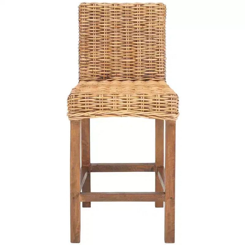 Rattan Counter Stool, Mango Wood Frame, Mid Back, Footrest, Fixed 23.6" Seat Height, 225 lb Capacity