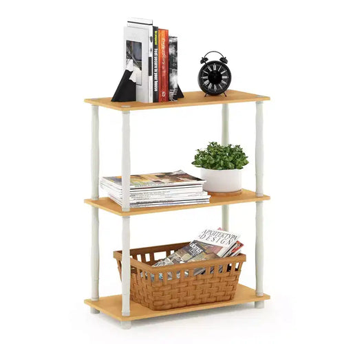 3-Tier Open Bookshelf, Freestanding Display Rack, Classic Tube Frame, Beech & White, 29.6" Tall