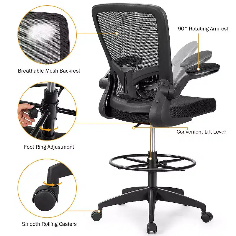 Swivel Drafting Chair with Flip-Up Armrests, Adjustable Lumbar Support & Height, 300 lb