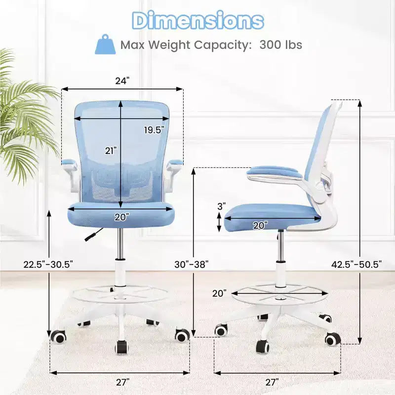 Swivel Drafting Chair with Flip-Up Armrests, Adjustable Lumbar Support & Height, 300 lb