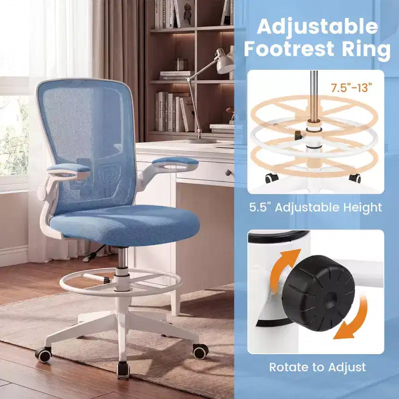 Swivel Drafting Chair with Flip-Up Armrests, Adjustable Lumbar Support & Height, 300 lb