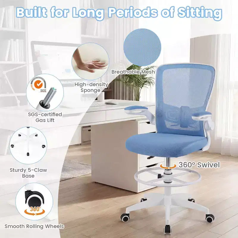 Swivel Drafting Chair with Flip-Up Armrests, Adjustable Lumbar Support & Height, 300 lb