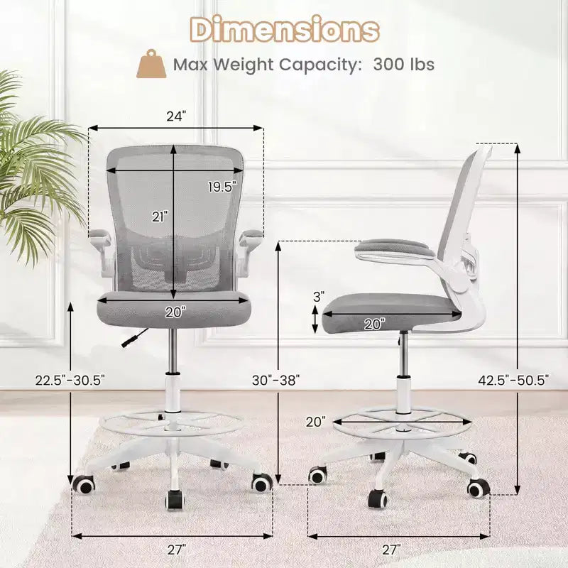 Swivel Drafting Chair with Flip-Up Armrests, Adjustable Lumbar Support & Height, 300 lb