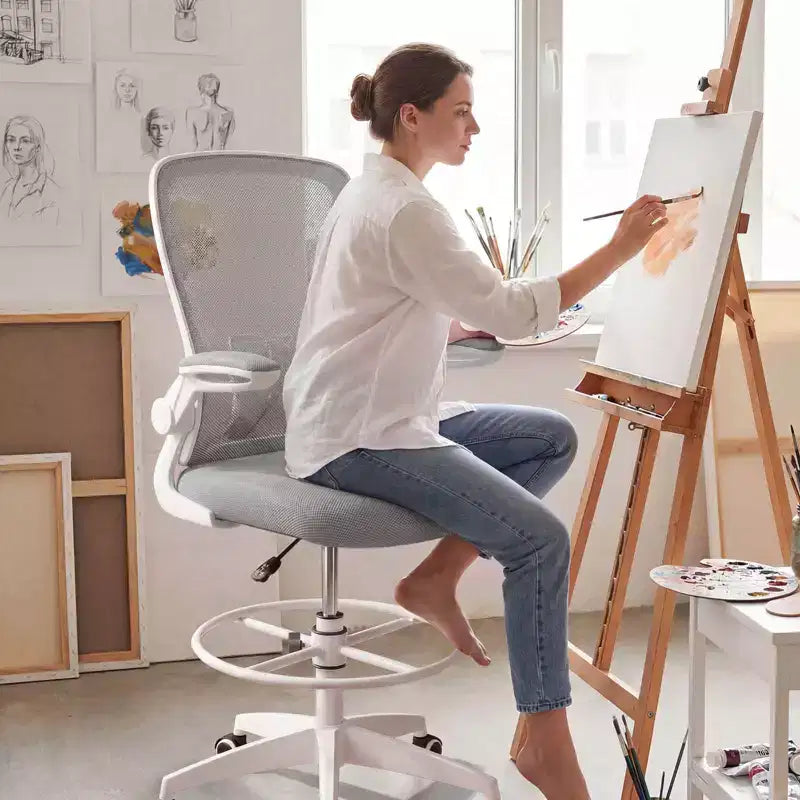 Swivel Drafting Chair with Flip-Up Armrests, Adjustable Lumbar Support & Height, 300 lb