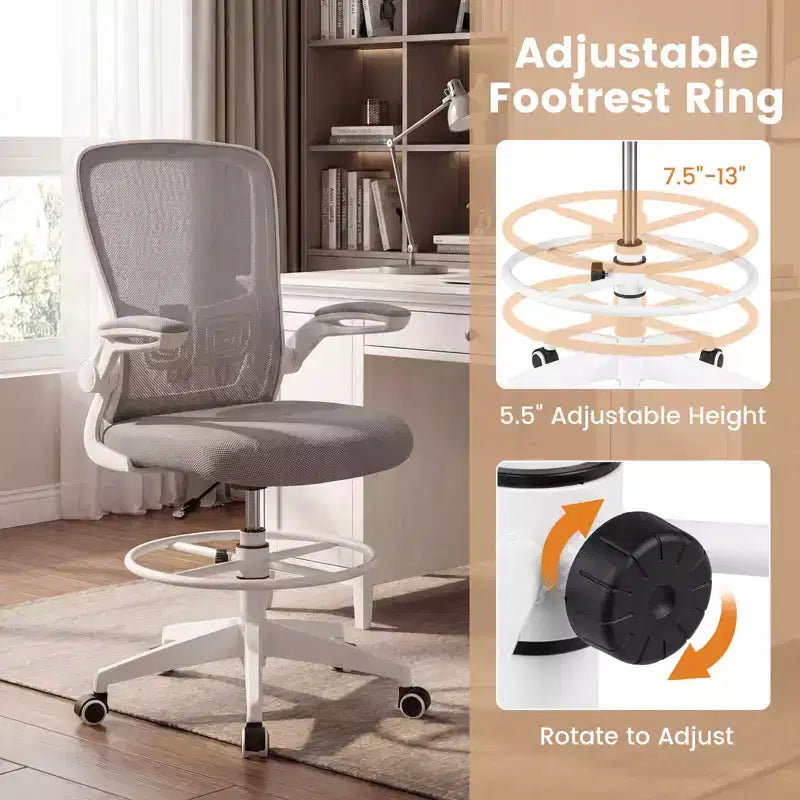 Swivel Drafting Chair with Flip-Up Armrests, Adjustable Lumbar Support & Height, 300 lb